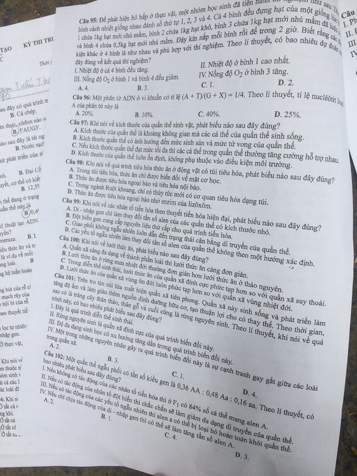 Đề thi, đáp án môn Sinh học mã đề 207 THPT Quốc gia 2018 chuẩn nhất (Hình 2).