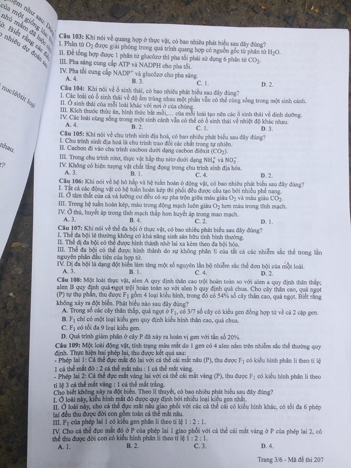 Đề thi, đáp án môn Sinh học mã đề 207 THPT Quốc gia 2018 chuẩn nhất (Hình 3).