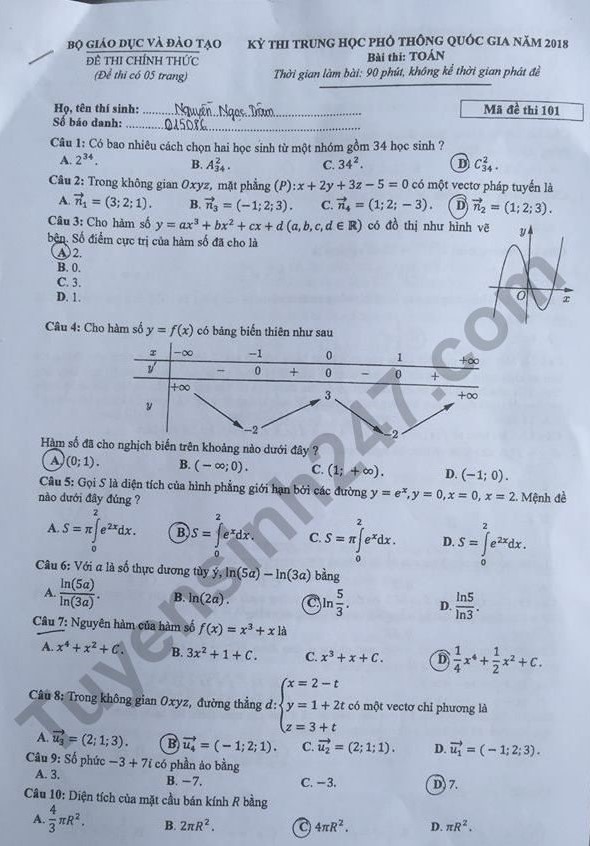  Đề thi, đáp án môn Toán mã đề 101 THPT Quốc gia 2018 chuẩn nhất