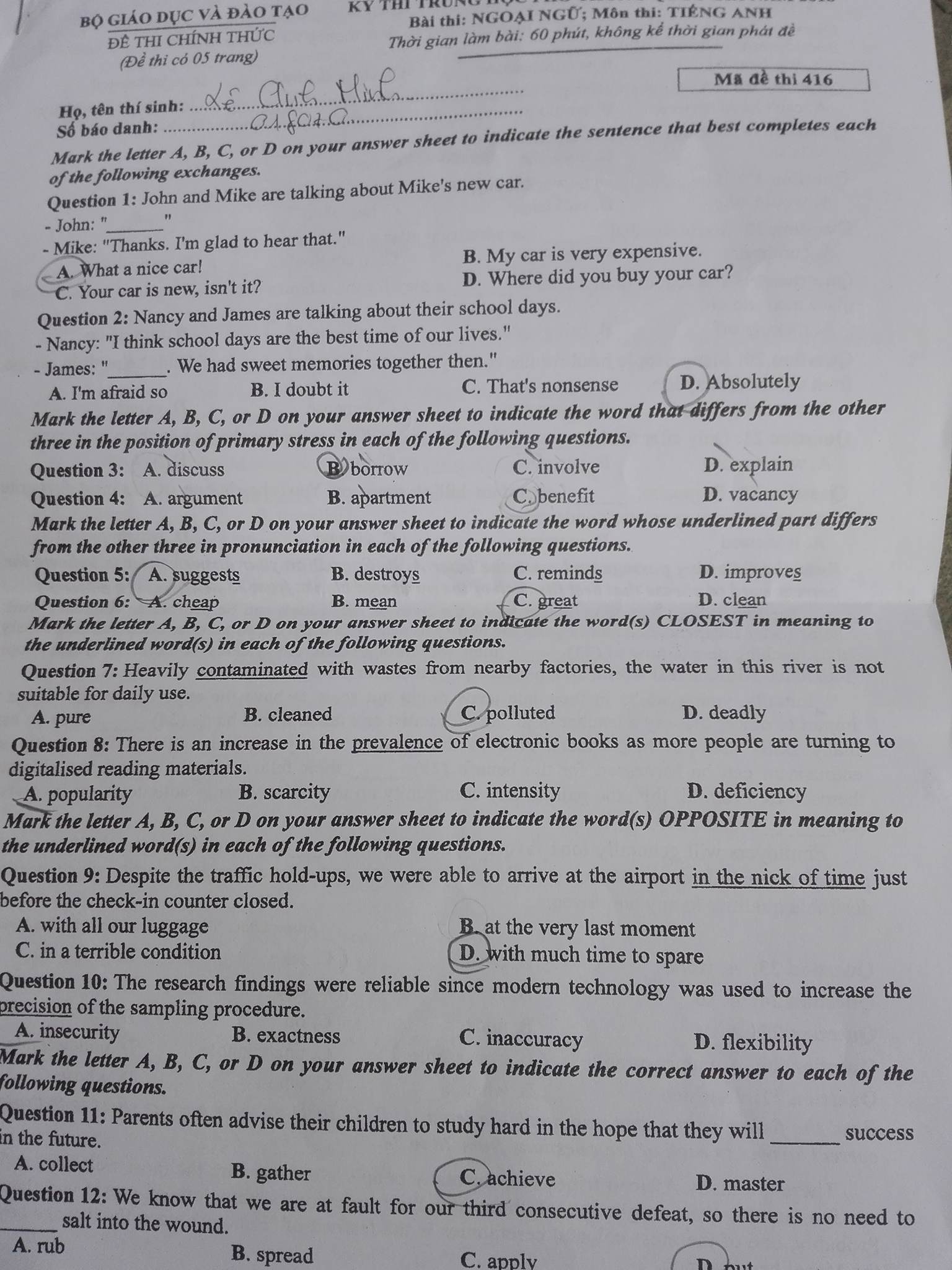 Đề thi, đáp án môn tiếng Anh mã đề 416 THPT Quốc gia 2018 chuẩn nhất