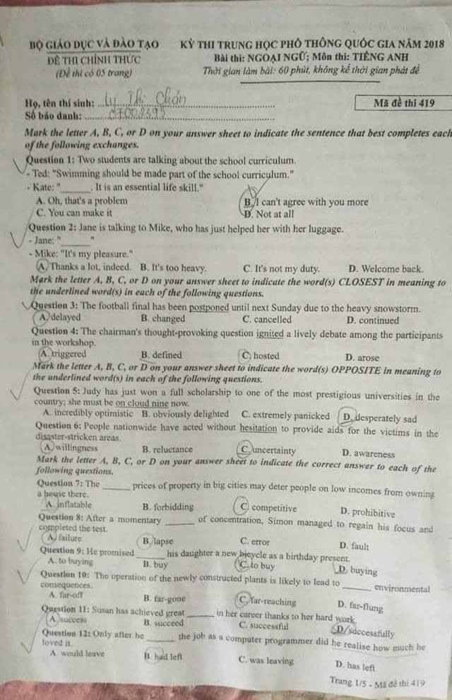 Đề thi, đáp án môn tiếng Anh mã đề 419 THPT Quốc gia 2018 chuẩn nhất