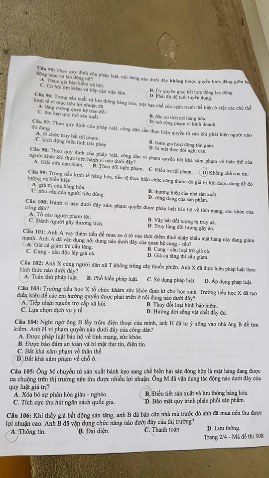 Đề thi, đáp án môn Giáo dục công dân mã đề 308 THPT Quốc gia 2018 chuẩn nhất (Hình 2).