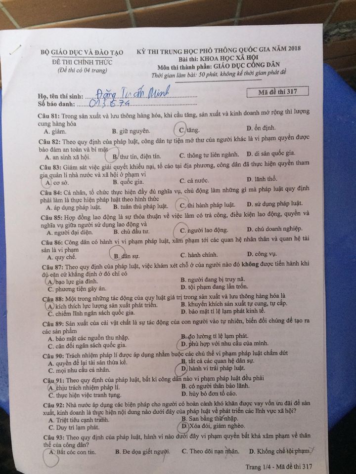 Đề thi, đáp án môn Giáo dục công dân mã đề 317 THPT Quốc gia 2018 chuẩn nhất