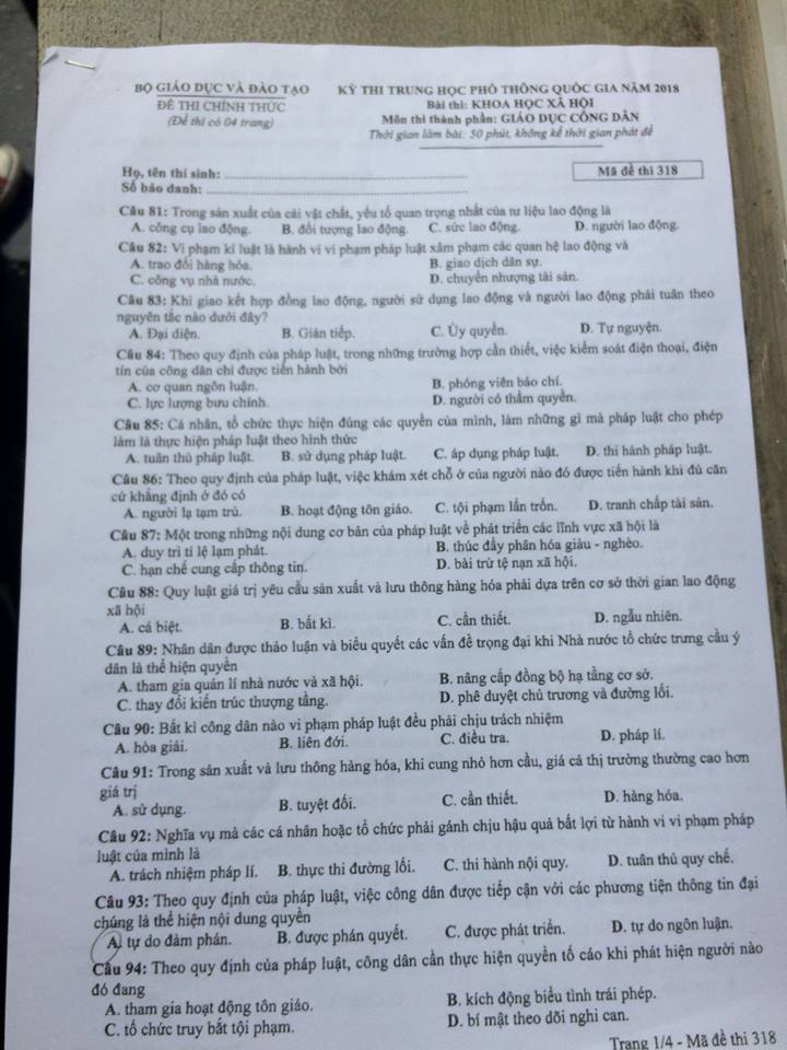 Đề thi, đáp án môn Giáo dục công dân mã đề 318 THPT Quốc gia 2018 chuẩn nhất