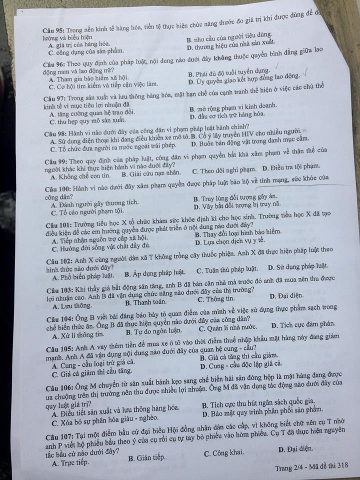 Đề thi, đáp án môn Giáo dục công dân mã đề 318 THPT Quốc gia 2018 chuẩn nhất (Hình 2).