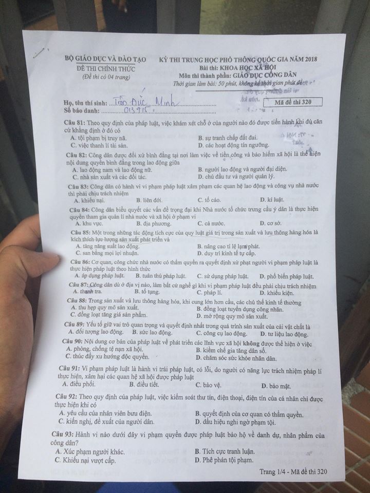 Đề thi, đáp án môn Giáo dục công dân mã đề 320 THPT Quốc gia 2018 chuẩn nhất