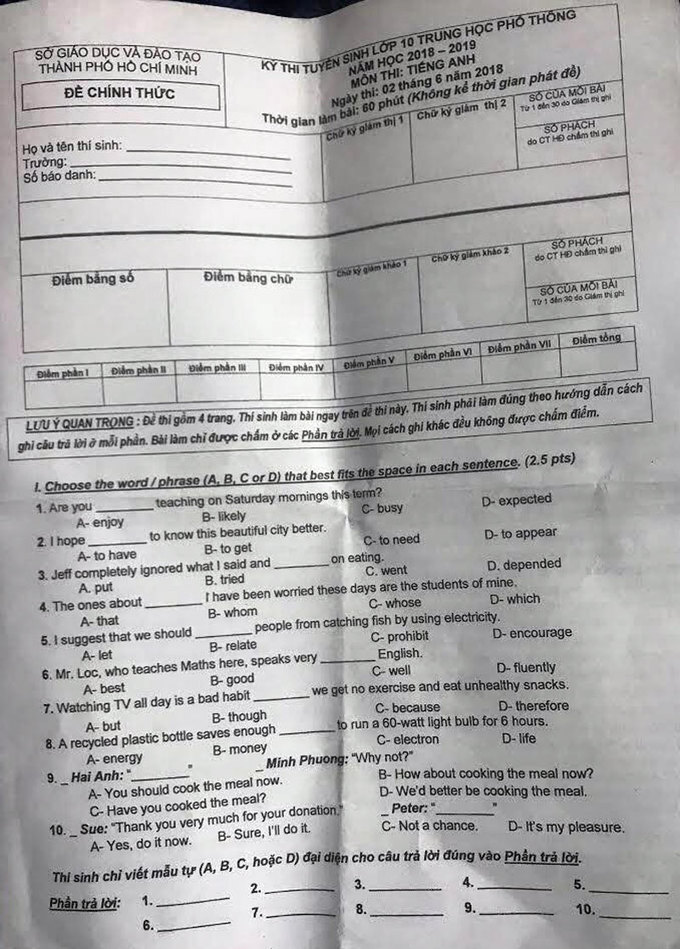 Giáo dục - Đáp án, đề thi môn Tiếng Anh vào lớp 10 tại TP.HCM chuẩn nhất, nhanh nhất (Hình 7).