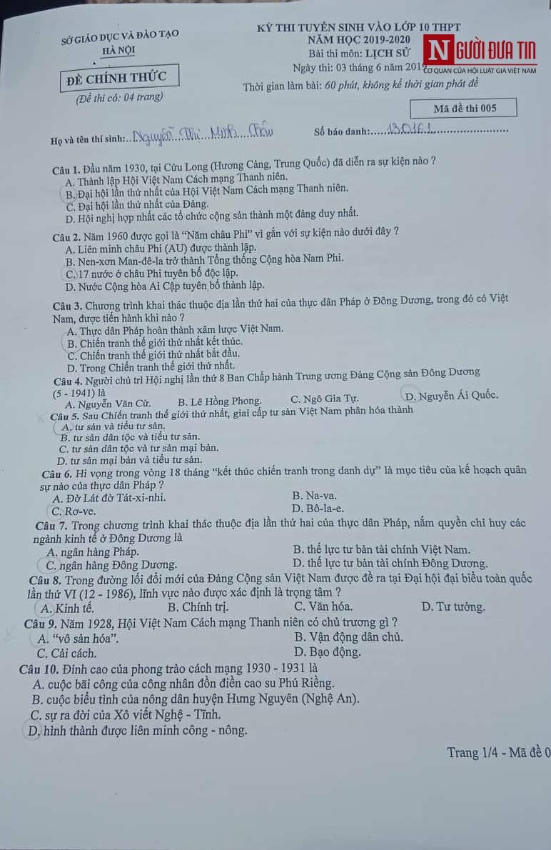 Giáo dục - Đáp án, đề thi môn Lịch sử vào lớp 10 tại Hà Nội chuẩn nhất, nhanh nhất (Hình 6).