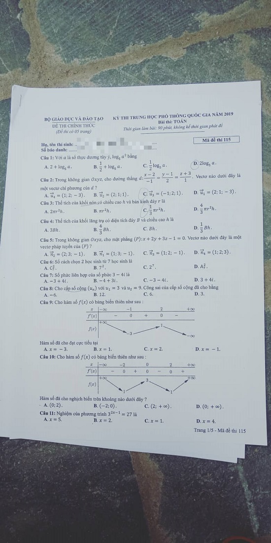 Giáo dục - Đáp án đề thi môn Toán thi THPT Quốc gia 2019 của bộ GD&ĐT mã đề 115