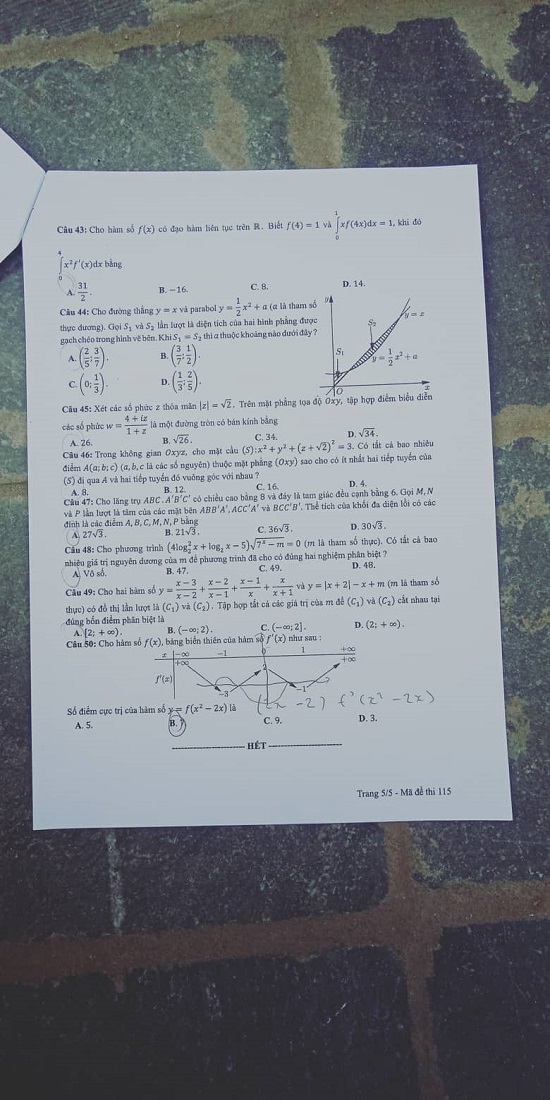 Giáo dục - Đáp án đề thi môn Toán thi THPT Quốc gia 2019 của bộ GD&ĐT mã đề 115 (Hình 5).