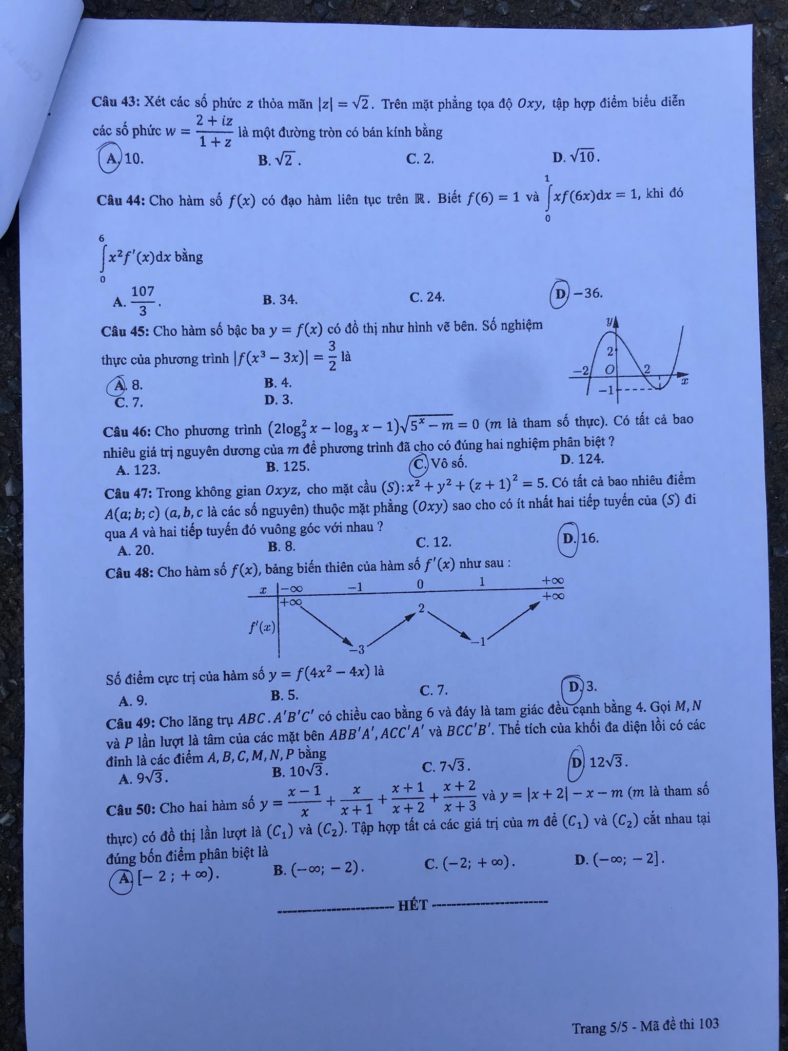 Giáo dục - Đáp án đề thi môn Toán thi THPT Quốc gia 2019 của bộ GD&ĐT mã đề 103 (Hình 5).