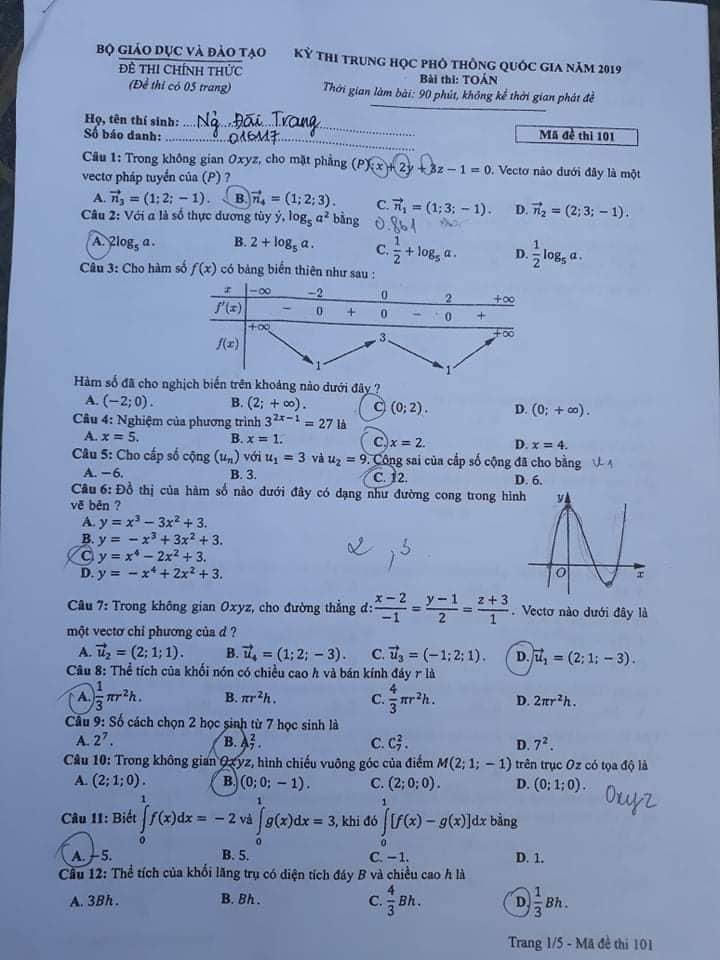 Giáo dục - Đáp án đề thi môn Toán thi THPT Quốc gia 2019 của bộ GD&ĐT mã đề 101