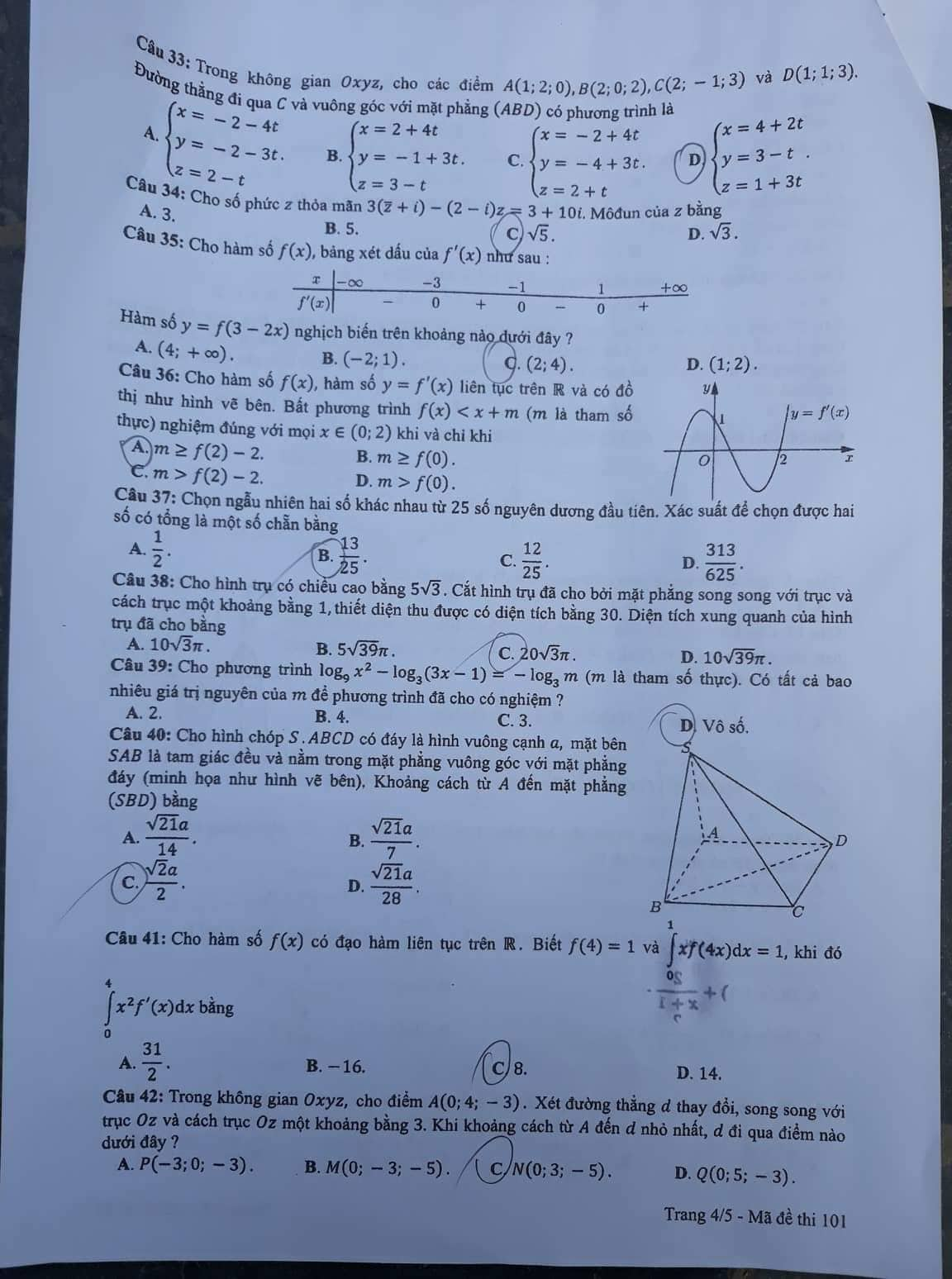 Giáo dục - Đáp án đề thi môn Toán thi THPT Quốc gia 2019 của bộ GD&ĐT mã đề 101 (Hình 4).