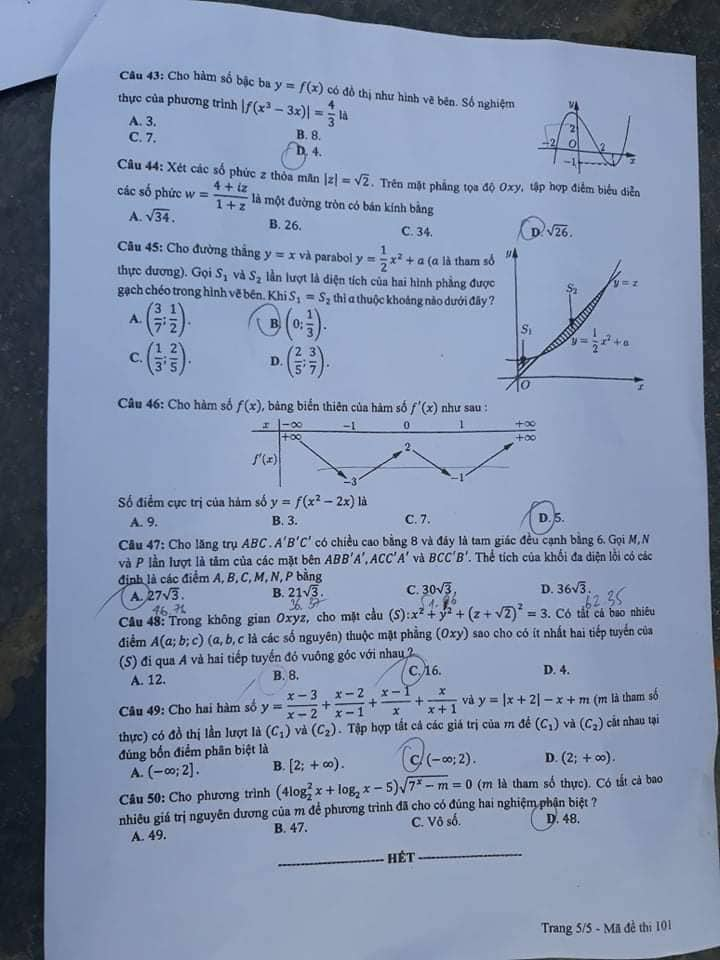 Giáo dục - Đáp án đề thi môn Toán thi THPT Quốc gia 2019 của bộ GD&ĐT mã đề 101 (Hình 5).