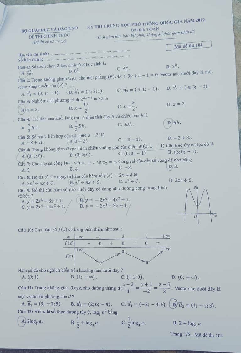 Giáo dục - Đáp án đề thi môn Toán thi THPT Quốc gia 2019 của bộ GD&ĐT mã đề 104 (Hình 2).