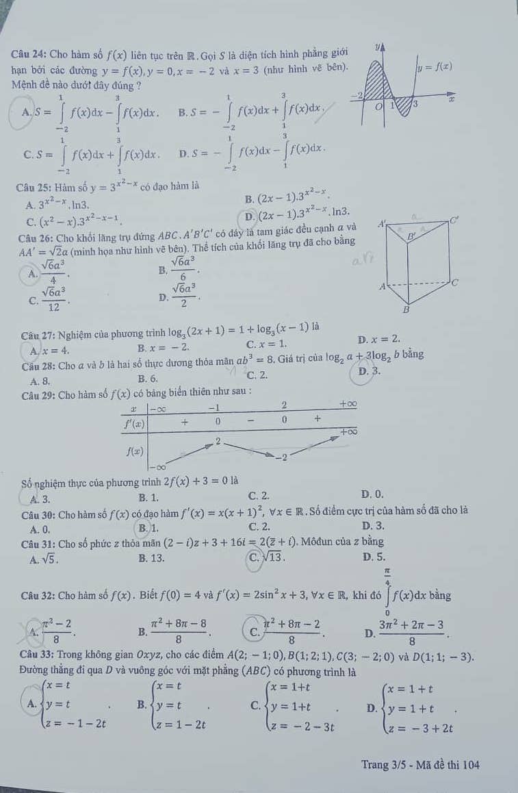 Giáo dục - Đáp án đề thi môn Toán thi THPT Quốc gia 2019 của bộ GD&ĐT mã đề 104 (Hình 4).