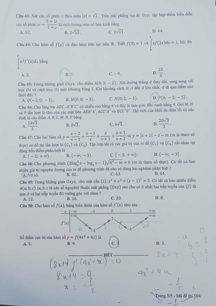 Giáo dục - Đáp án đề thi môn Toán thi THPT Quốc gia 2019 của bộ GD&ĐT mã đề 104 (Hình 6).