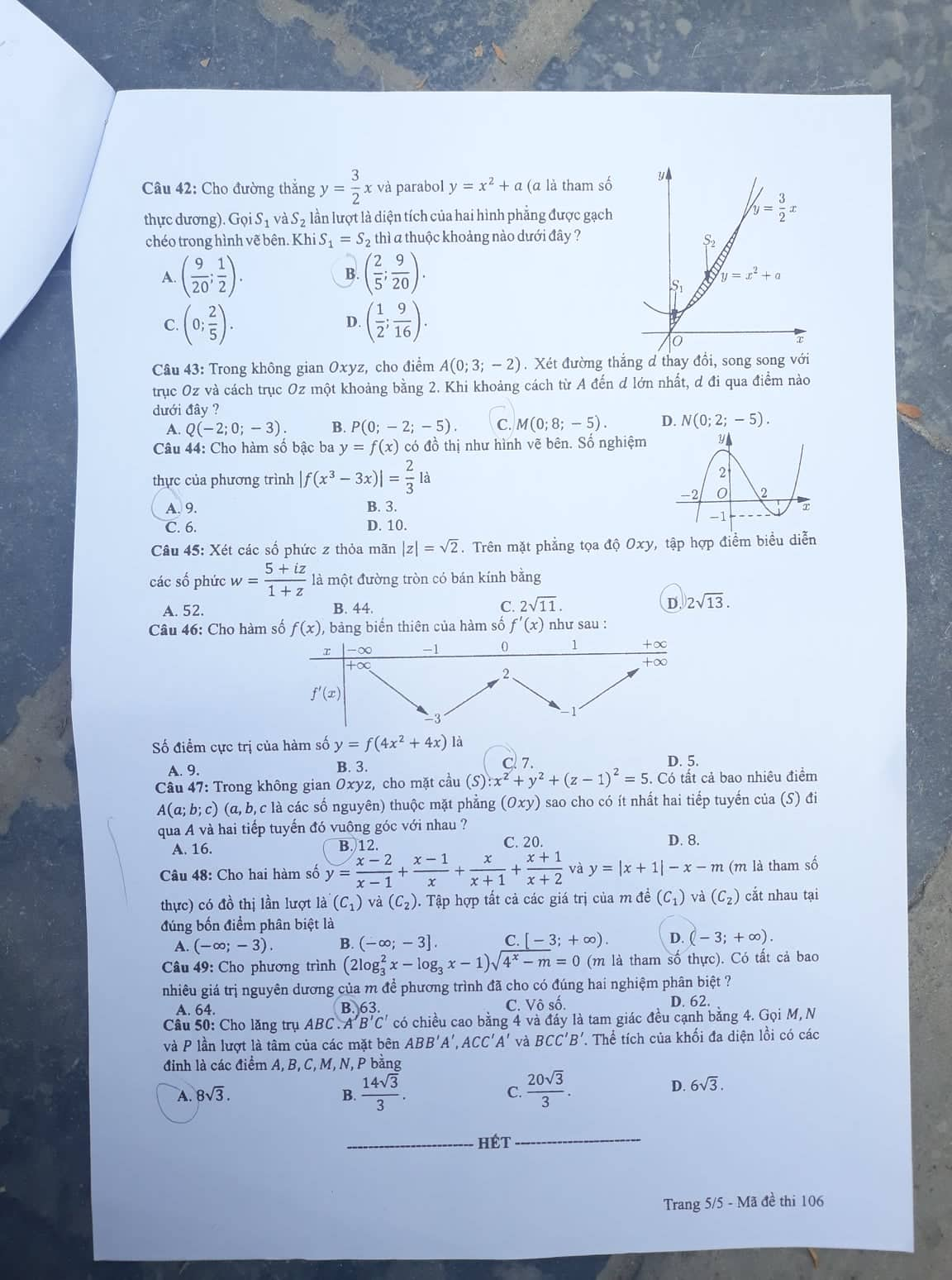 Giáo dục - Đáp án đề thi môn Toán thi THPT Quốc gia 2019 của bộ GD&ĐT mã đề 106 (Hình 5).