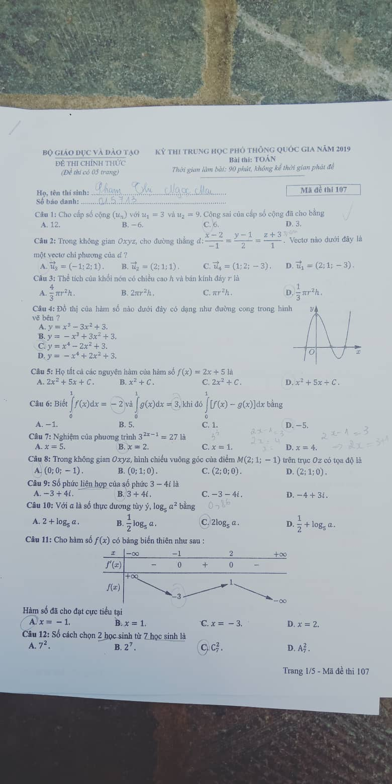 Giáo dục - Đáp án đề thi môn Toán thi THPT Quốc gia 2019 của bộ GD&ĐT mã đề 107