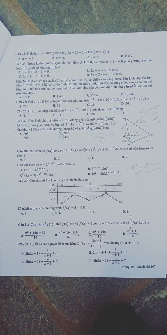 Giáo dục - Đáp án đề thi môn Toán thi THPT Quốc gia 2019 của bộ GD&ĐT mã đề 107 (Hình 3).