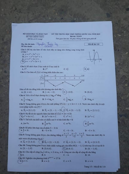 Giáo dục - Đáp án đề thi môn Toán thi THPT Quốc gia 2019 của bộ GD&ĐT mã đề 110 (Hình 2).