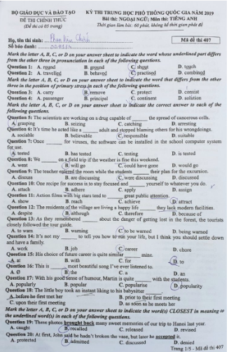 Giáo dục - Đáp án đề thi môn tiếng Anh mã đề 407 thi THPT Quốc gia 2019 của bộ GD&ĐT  (Hình 2).