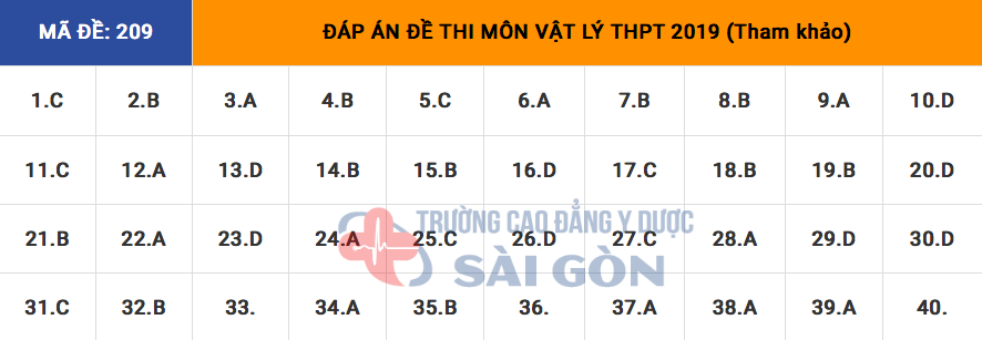 Giáo dục - Đáp án đề thi môn Vật Lý thi THPT Quốc Gia 2019 chuẩn nhất mã đề 209