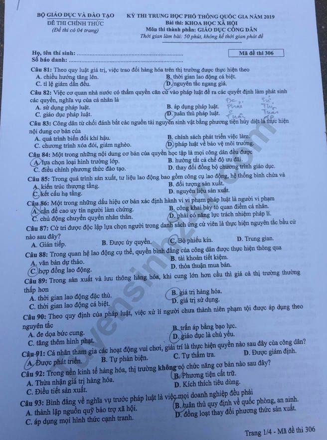 Giáo dục - Đáp án đề thi môn GDCD mã đề 306 thi THPT Quốc gia 2019 chuẩn nhất (Hình 2).