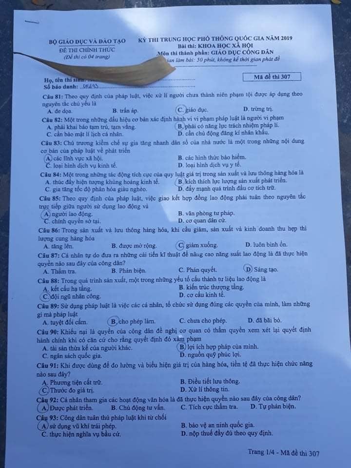 Giáo dục - Đáp án đề thi môn GDCD mã đề 307 thi THPT Quốc gia 2019 chuẩn nhất (Hình 2).