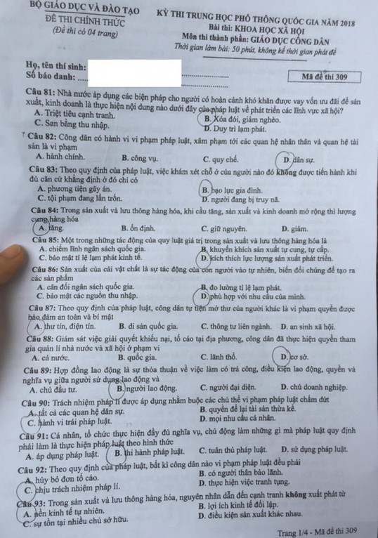 Giáo dục - Đáp án đề thi môn GDCD mã đề 309 thi THPT Quốc gia 2019 chuẩn nhất (Hình 2).
