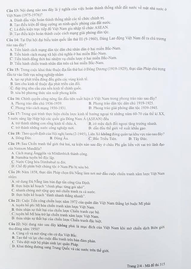 Giáo dục - Đáp án đề thi môn Lịch sử thi THPT Quốc gia 2019 của bộ GD&ĐT mã đề 315 (Hình 3).