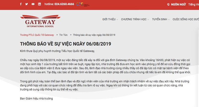 Tin nhanh - Bản thông báo vô cảm và lập lờ của trường quốc tế Gateway vụ học sinh bị bỏ quên trên xe đưa đón tử vong (Hình 2).