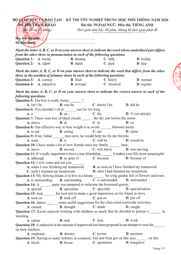 Giáo dục - Đề thi tham khảo kỳ thi tốt nghiệp THPT Quốc gia 2020 môn Tiếng Anh