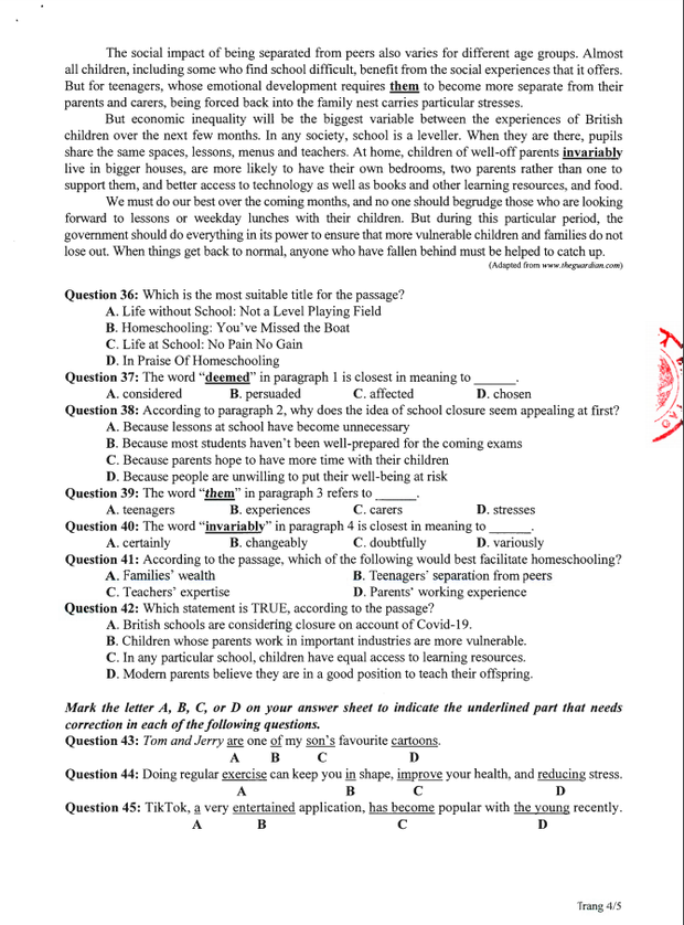 Giáo dục - Đề thi tham khảo kỳ thi tốt nghiệp THPT Quốc gia 2020 môn Tiếng Anh (Hình 4).