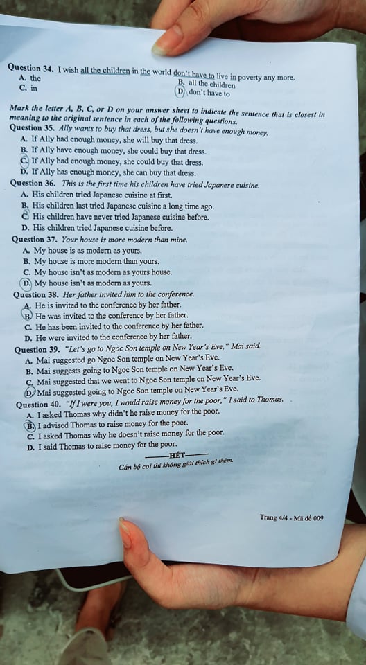 Giáo dục - Đáp án Đề thi chính thức môn Tiếng Anh tuyển sinh vào lớp 10 ở Hà Nội - Mã đề 009 (Hình 4).