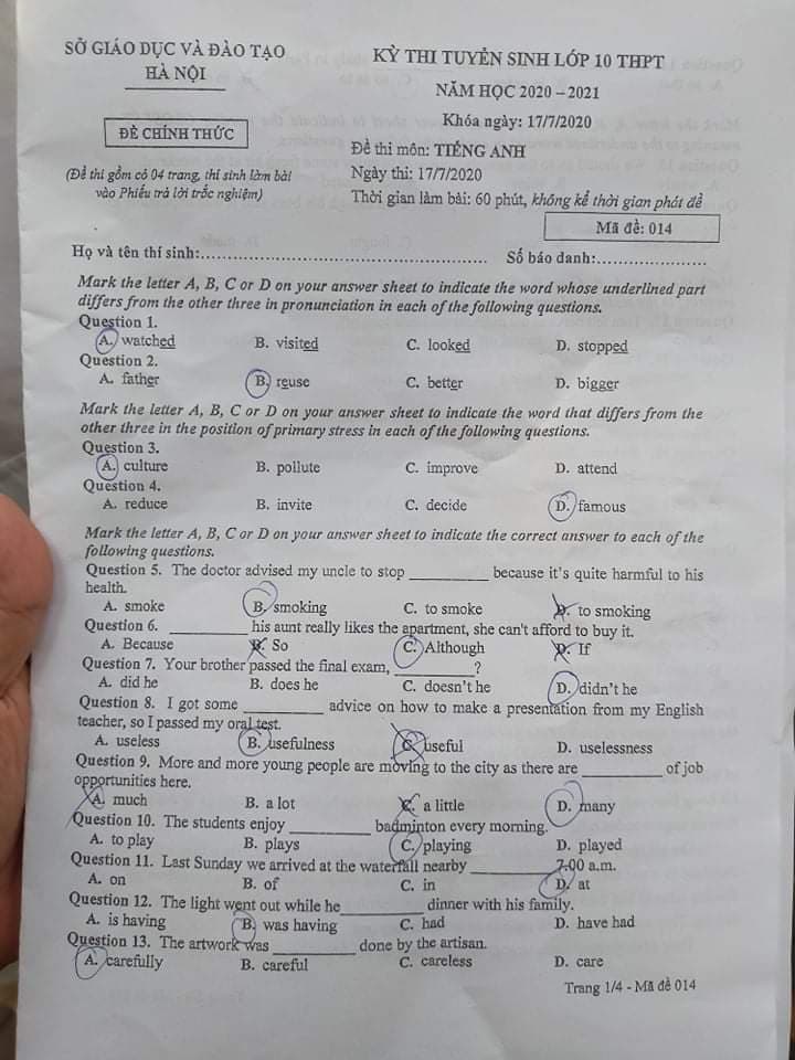 Giáo dục - Đáp án Đề thi chính thức môn Tiếng Anh tuyển sinh vào lớp 10 ở Hà Nội - Mã đề 014