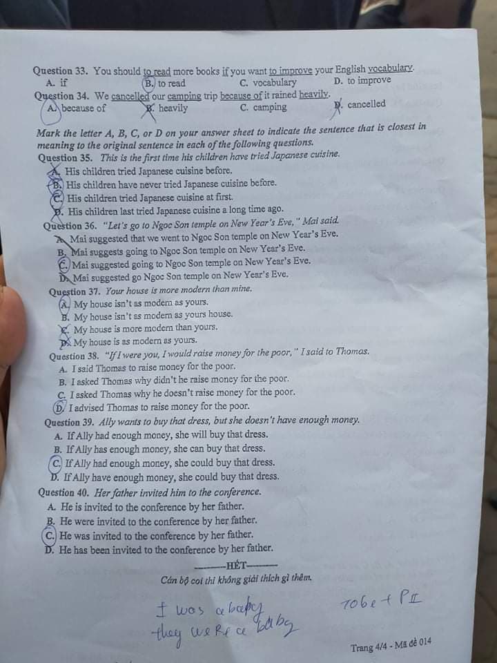 Giáo dục - Đáp án Đề thi chính thức môn Tiếng Anh tuyển sinh vào lớp 10 ở Hà Nội - Mã đề 014 (Hình 4).