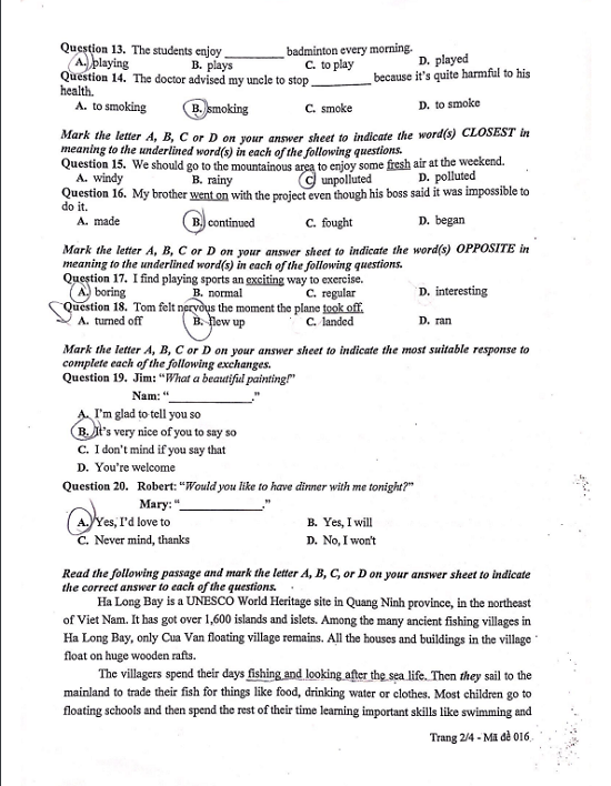 Giáo dục - Đáp án Đề thi chính thức môn Tiếng Anh tuyển sinh vào lớp 10 ở Hà Nội - Mã đề 016 (Hình 2).