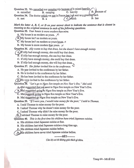 Giáo dục - Đáp án Đề thi chính thức môn Tiếng Anh tuyển sinh vào lớp 10 ở Hà Nội - Mã đề 016 (Hình 4).