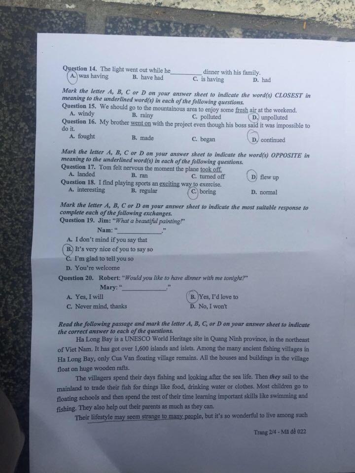 Giáo dục - Đáp án Đề thi chính thức môn Tiếng Anh tuyển sinh vào lớp 10 ở Hà Nội - Mã đề 022 (Hình 2).