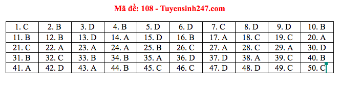 Giáo dục - Đáp án đề thi môn Toán tốt nghiệp THPT Quốc gia 2020 chuẩn nhất mã đề 108