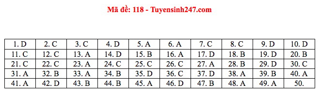 Giáo dục - Đáp án đề thi môn Toán tốt nghiệp THPT Quốc gia 2020 chuẩn nhất mã đề 118