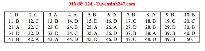 Giáo dục - Đáp án đề thi môn Toán tốt nghiệp THPT Quốc gia 2020 chuẩn nhất mã đề 124