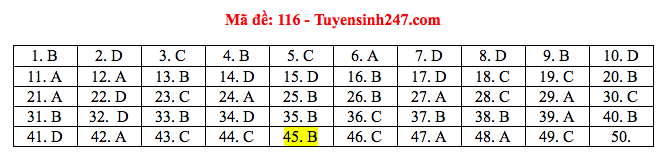 Giáo dục - Đáp án đề thi môn Toán tốt nghiệp THPT Quốc gia 2020 chuẩn nhất mã đề 116