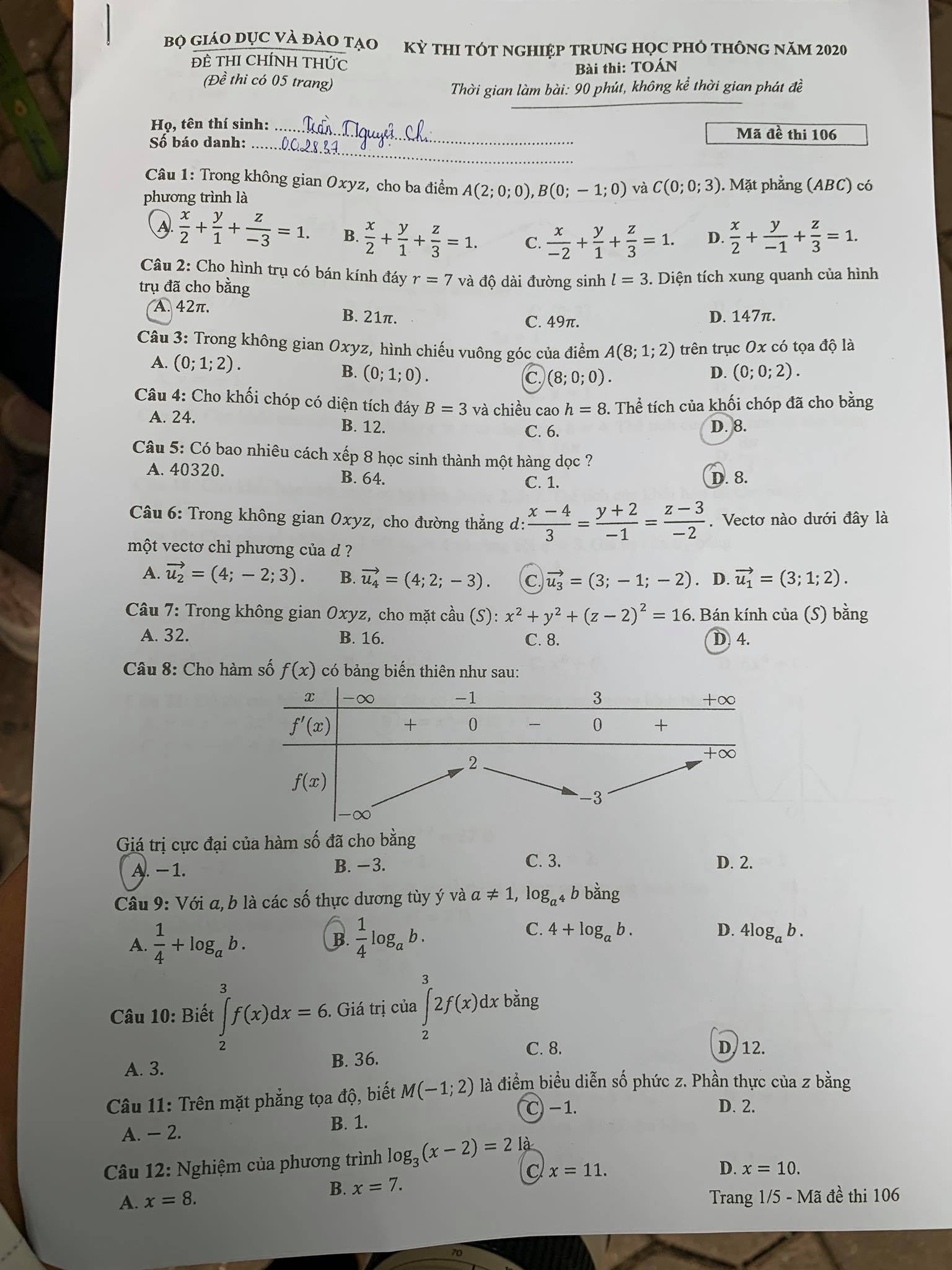 Giáo dục - Đáp án đề thi môn Toán tốt nghiệp THPT Quốc gia 2020 chuẩn nhất mã đề 106