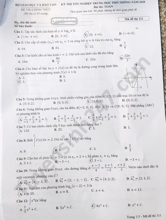 Giáo dục - Đáp án đề thi môn Toán tốt nghiệp THPT Quốc gia 2020 chuẩn nhất mã đề 111