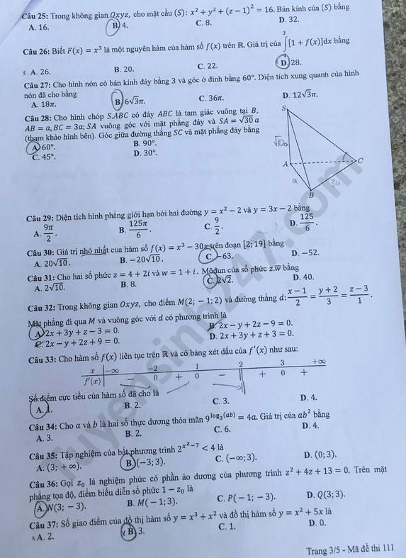 Giáo dục - Đáp án đề thi môn Toán tốt nghiệp THPT Quốc gia 2020 chuẩn nhất mã đề 111 (Hình 2).