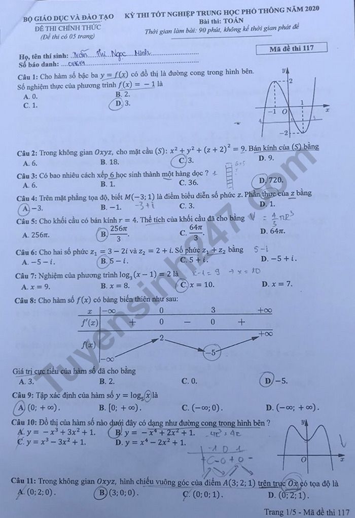 Giáo dục - Đáp án đề thi môn Toán tốt nghiệp THPT Quốc gia 2020 chuẩn nhất mã đề 117