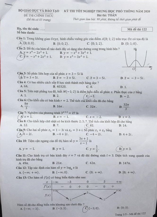 Giáo dục - Đáp án đề thi môn Toán tốt nghiệp THPT Quốc gia 2020 chuẩn nhất mã đề 122