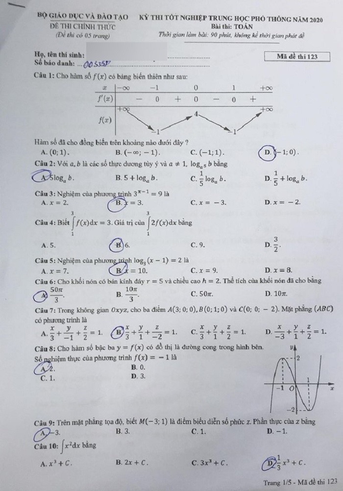 Giáo dục - Đáp án đề thi môn Toán tốt nghiệp THPT Quốc gia 2020 chuẩn nhất mã đề 123